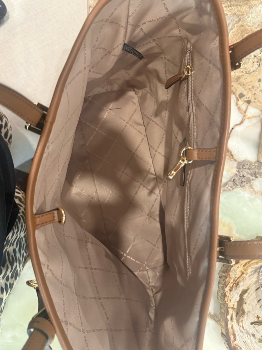Michael Kors Jet Set Travel Tote Brown Logo Varsity Letter Print Bag NWOT - Picture 7 of 11